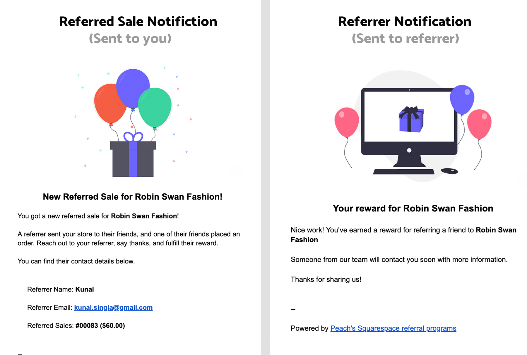 Custom rewards notification email